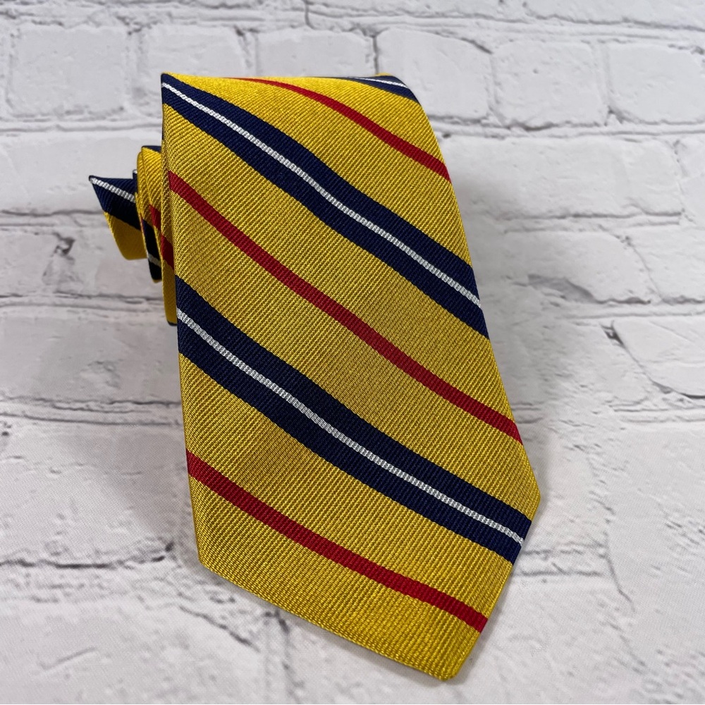 J. Press Yellow Navy Red White Striped 100% Silk Tie Made in USA